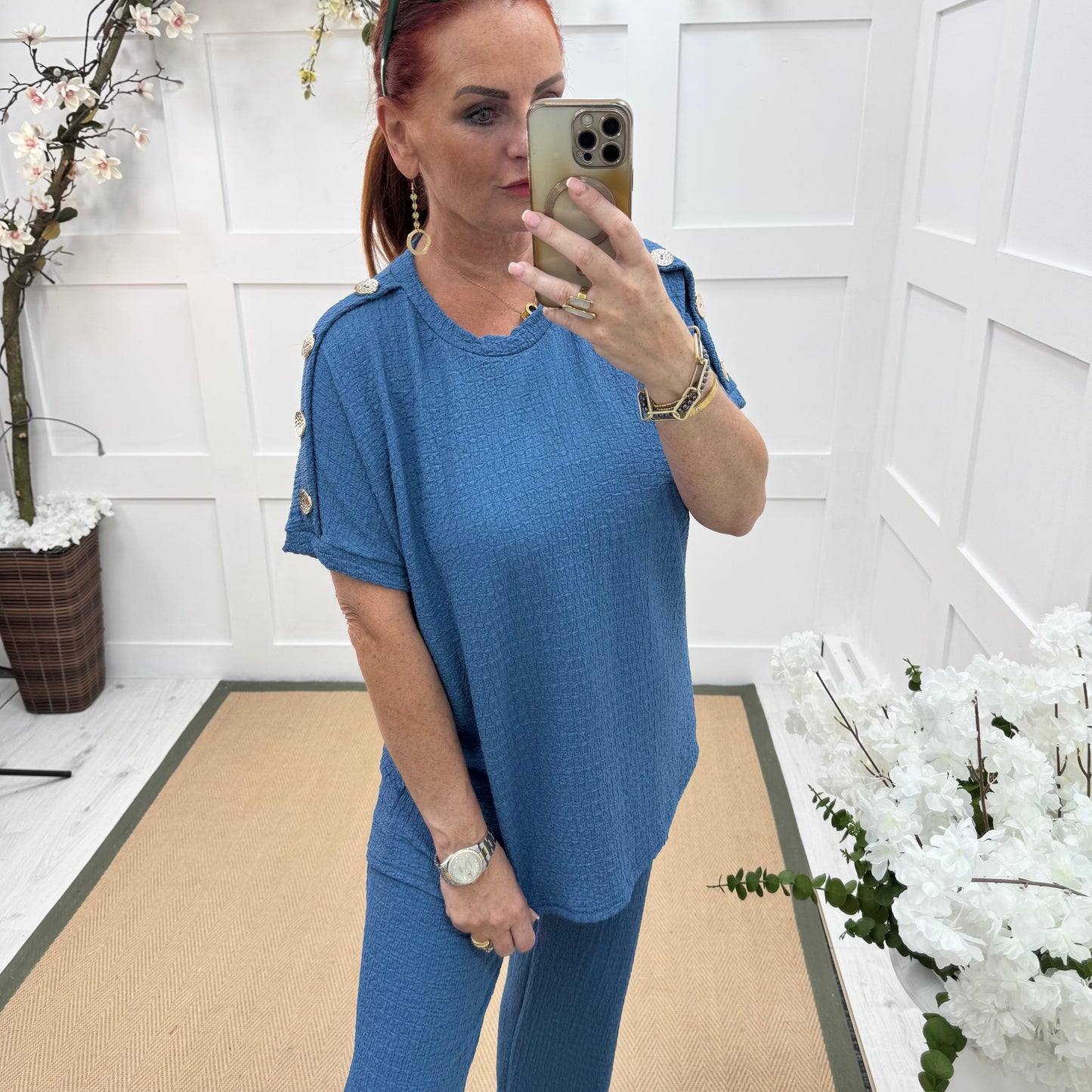 Tasha: Blue & gold button loungewear set. 2 sizes
