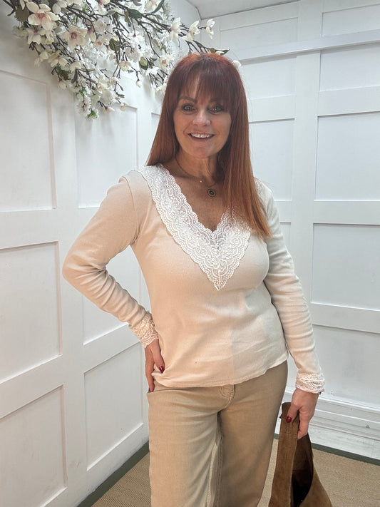 Leonie: Stone V neck lace ribbed top. One Sz: 12-16