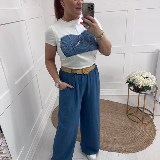 Maxine: Blue wide leg belted trousers. 2 sizes