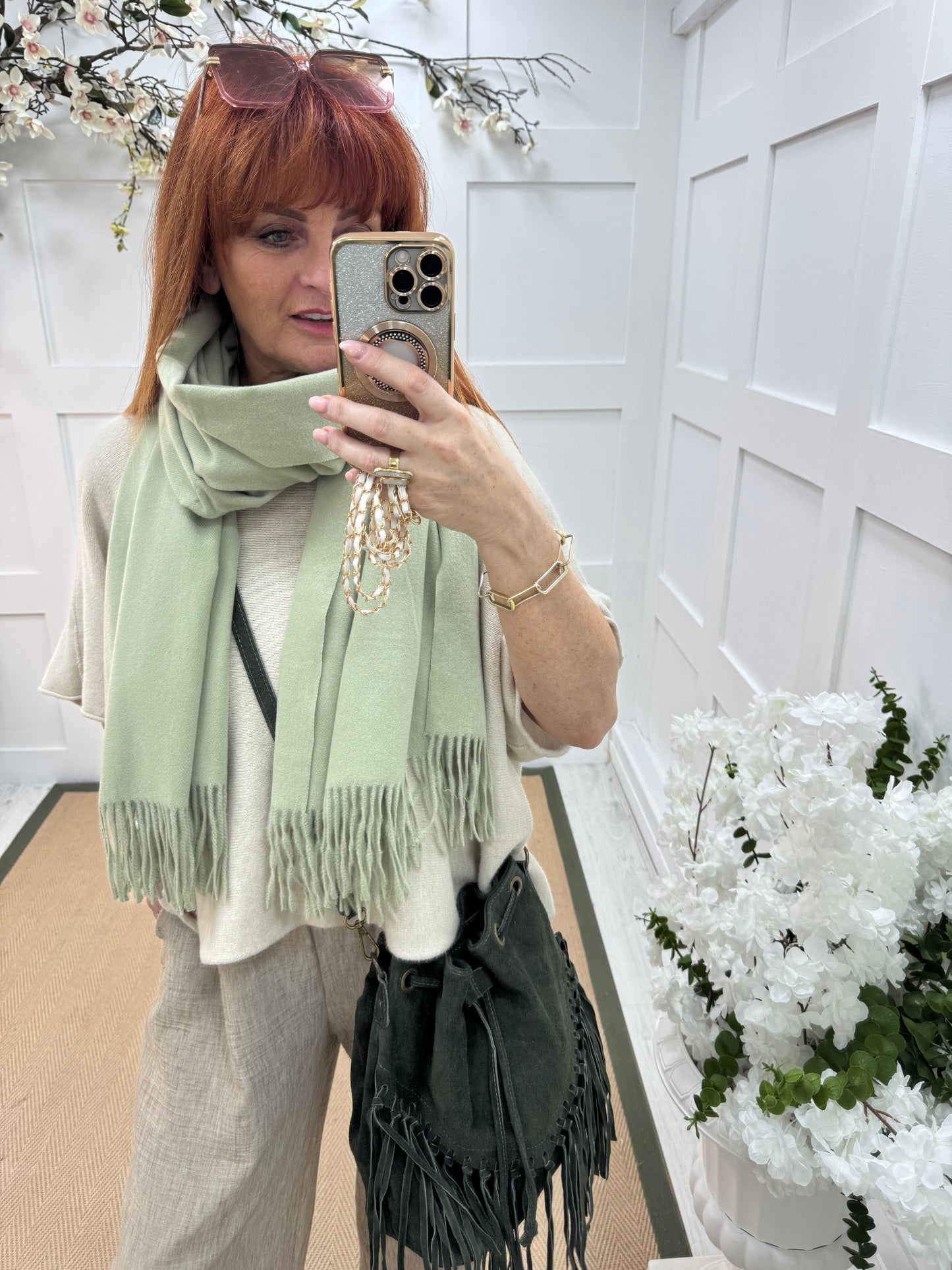 Indra: Plain green soft feel tassel scarf