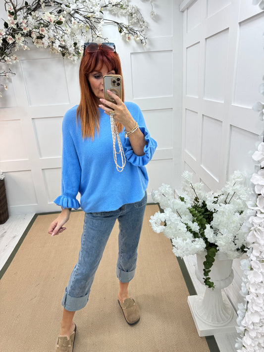 Sierra: Cornflower blue batwing fluted sleeve knitted top. One Size 12-18/20