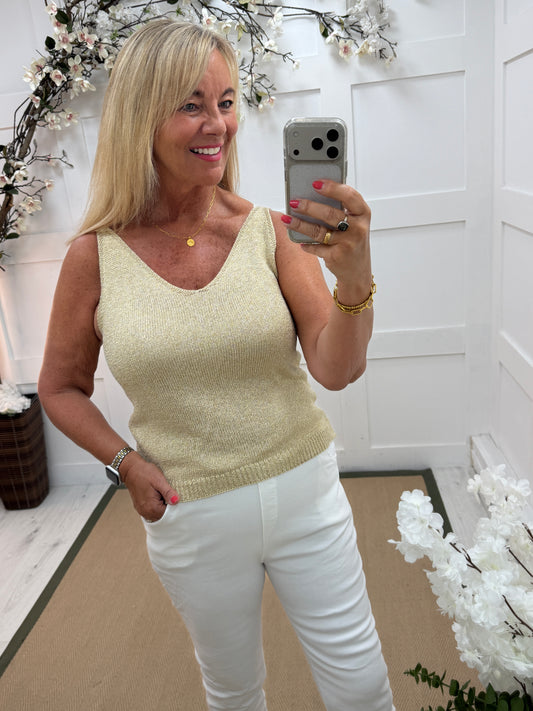 Veda: Gold lurex vest top. One size: 10-16