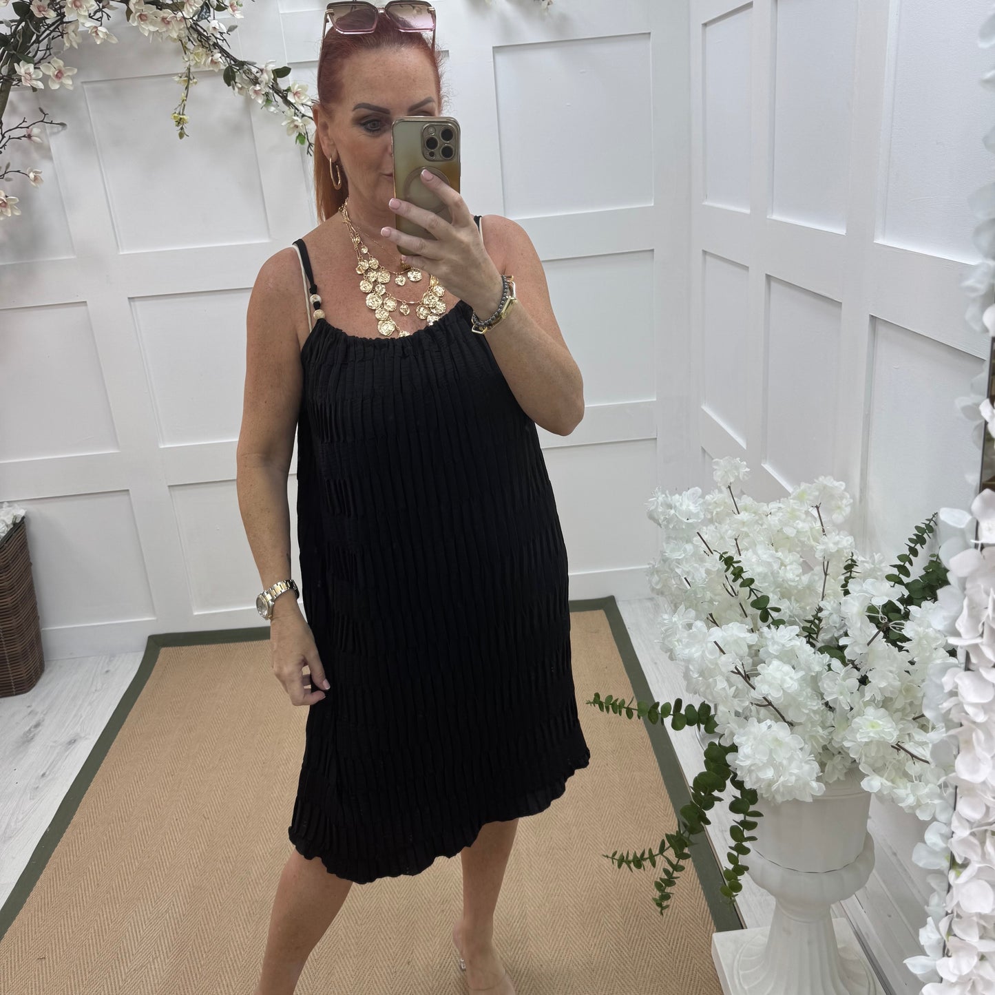 Thea: Black waffle beaded strappy dress. One size 14-20