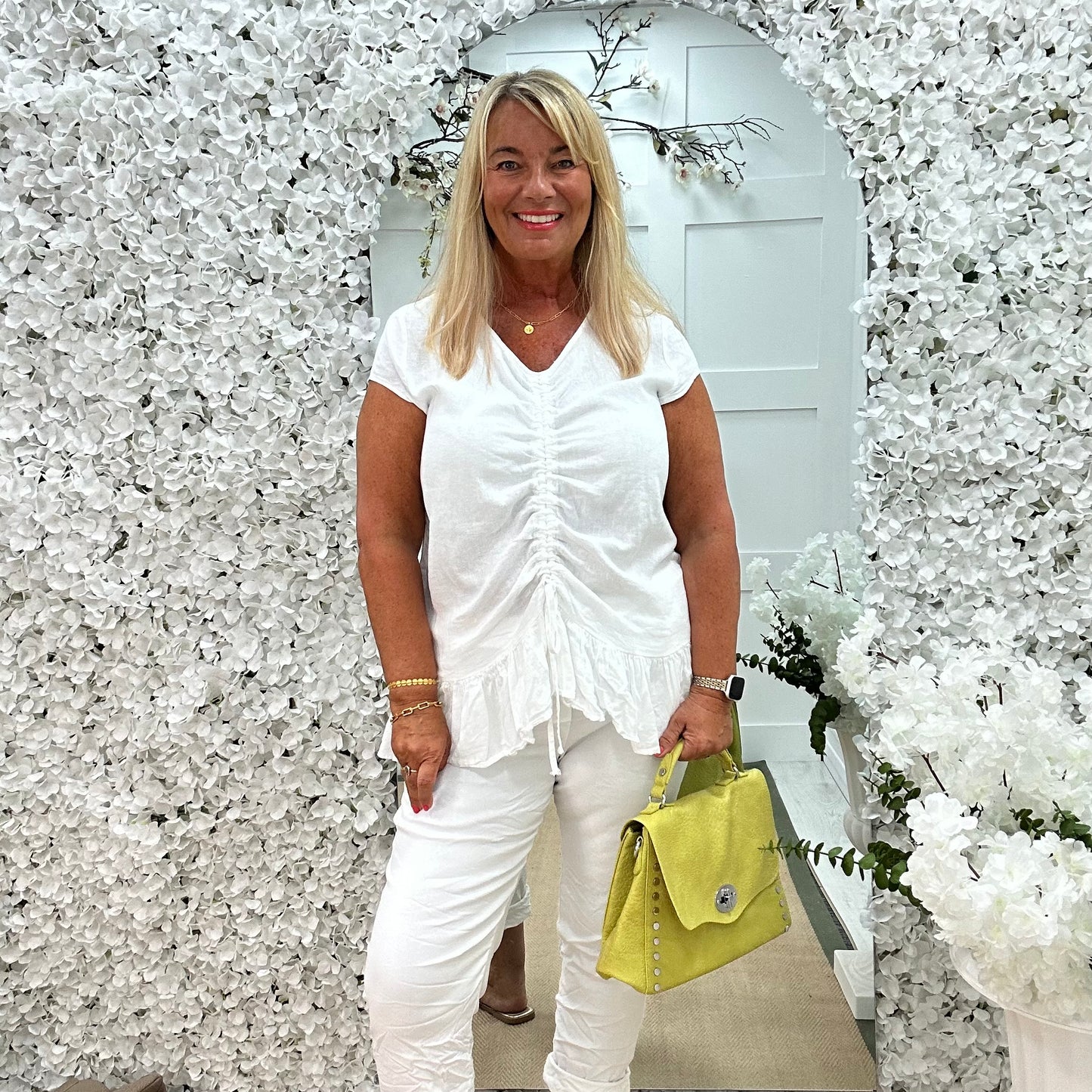 Miranda: White linen ruched pull vest top. One size: 14-20