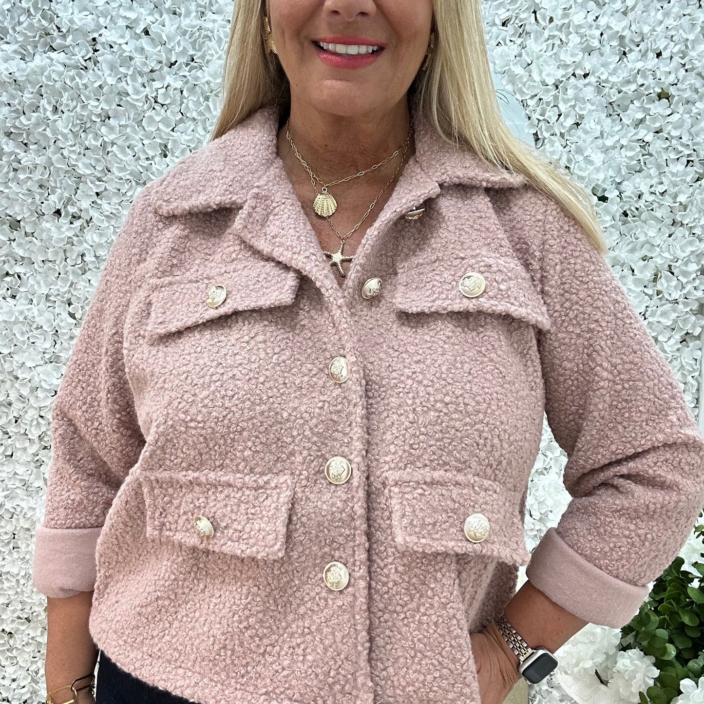 Bridget: Pink short boucle button jacket. One: 12-20