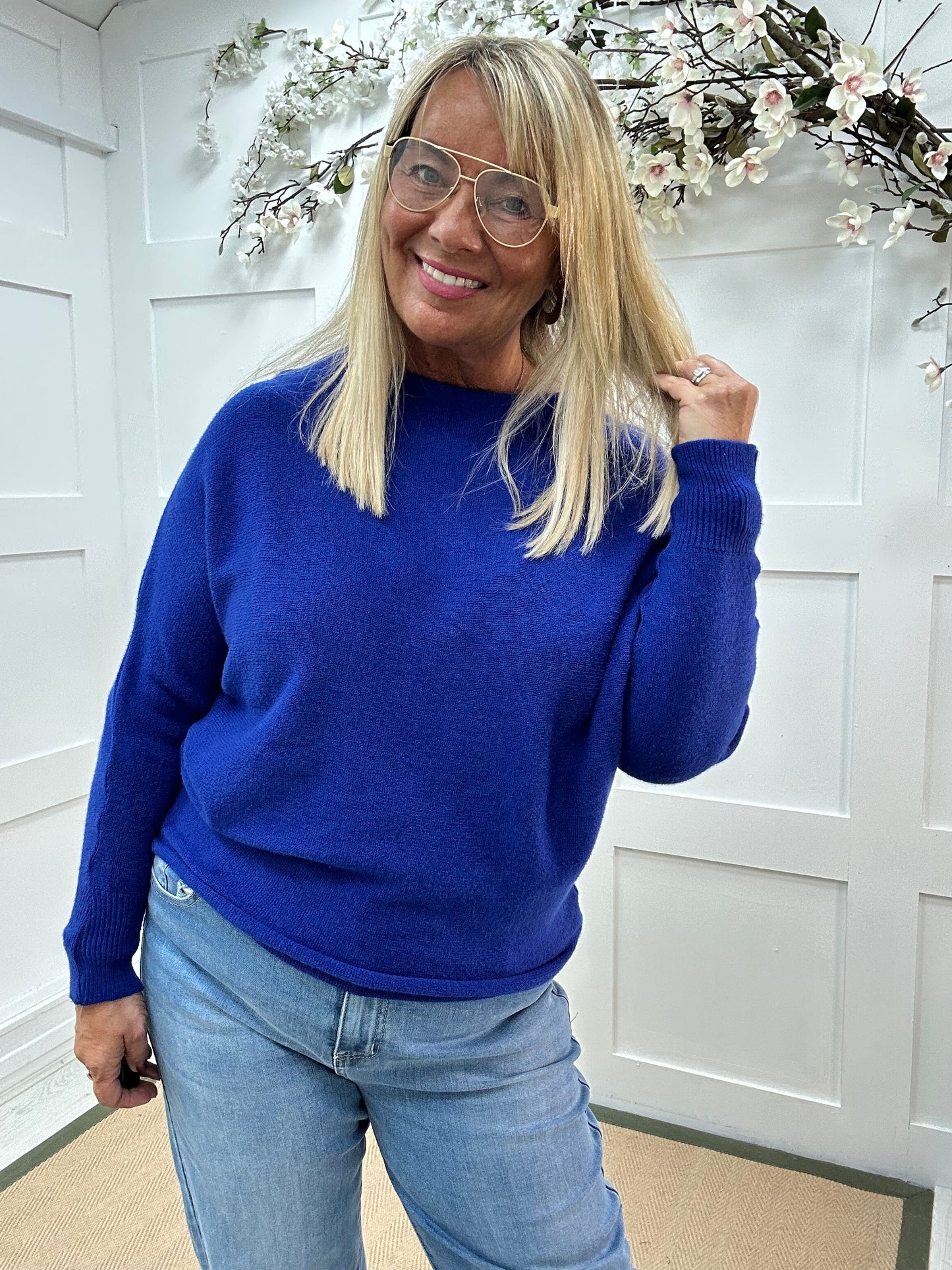 Sammi: Blue batwing knitted top. One size: 12-18/20