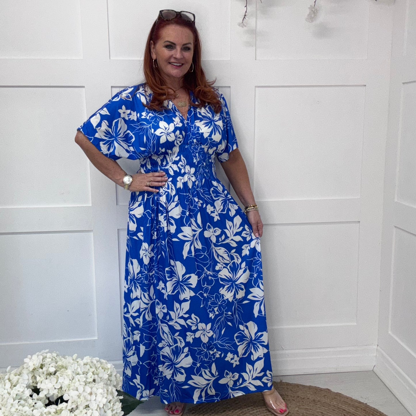 Eva: Stretchy blue & white leaf maxi dress. One size 12-24