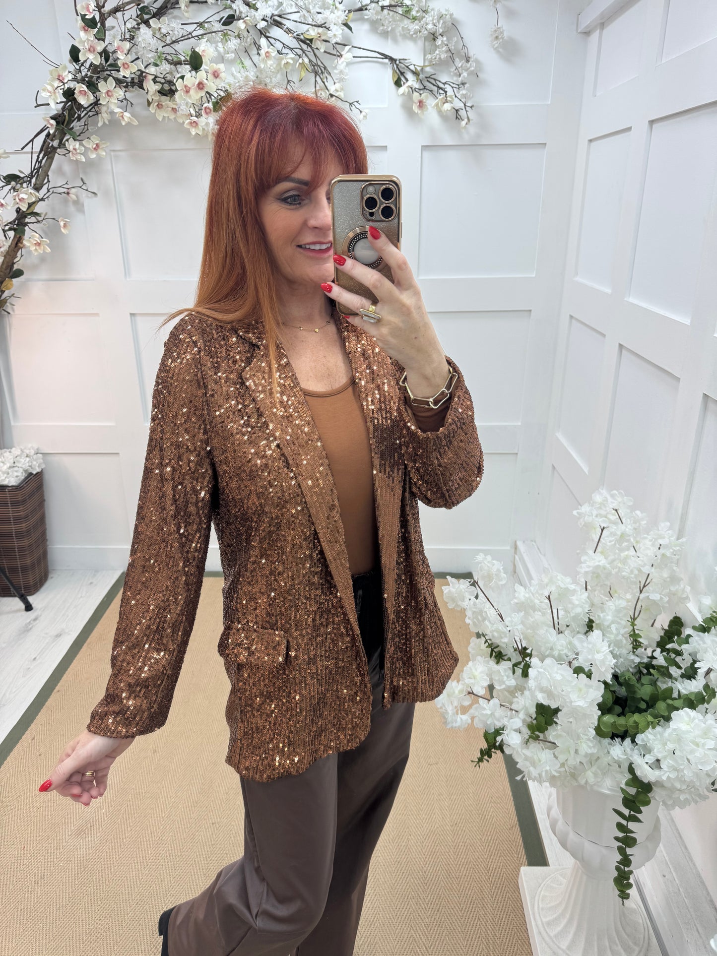 Zarina: Bronze sequin blazer. One size: 12-16