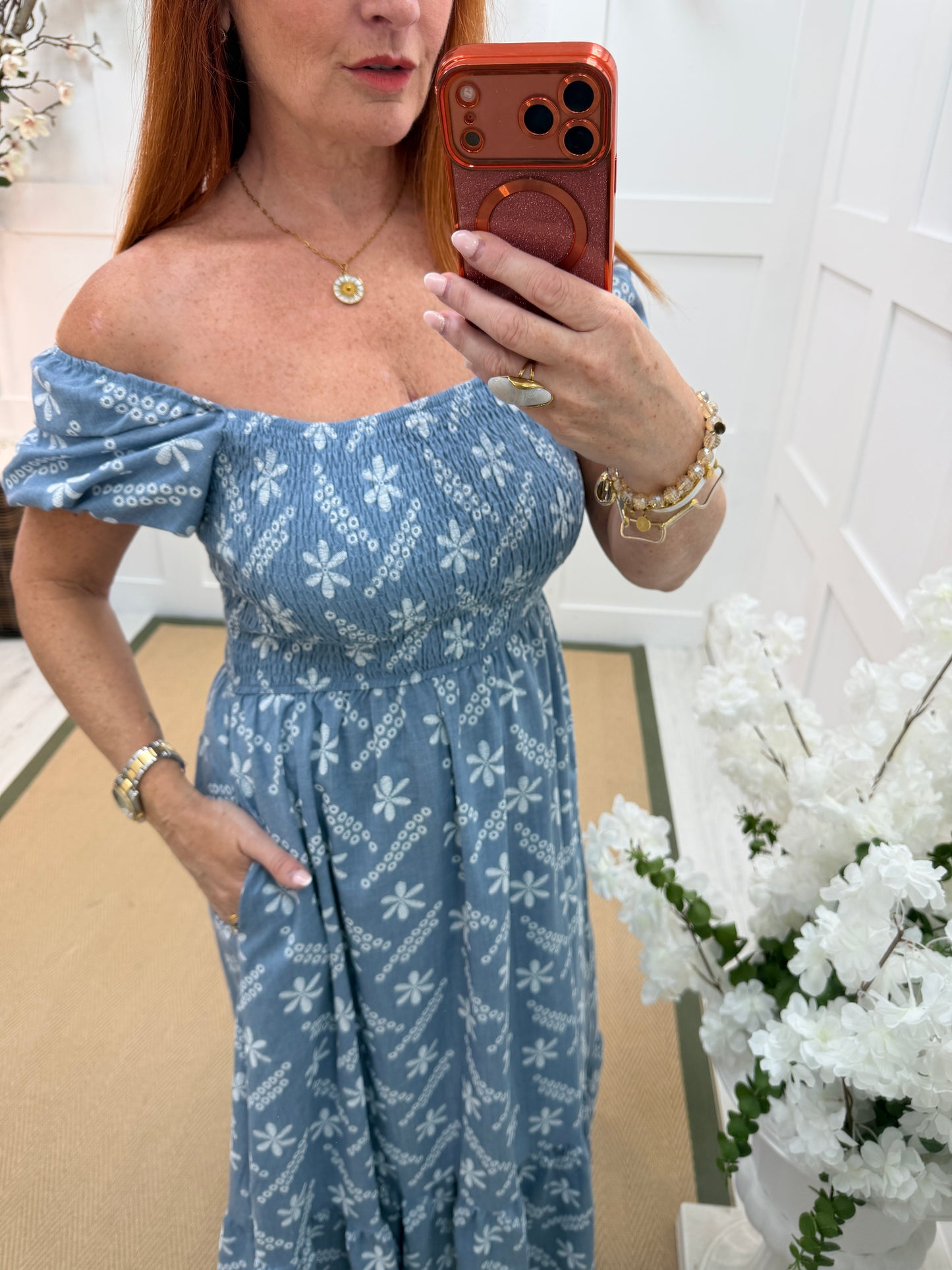 Bonnie: Denim blue & white embroidered maxi dress. 2 sizes