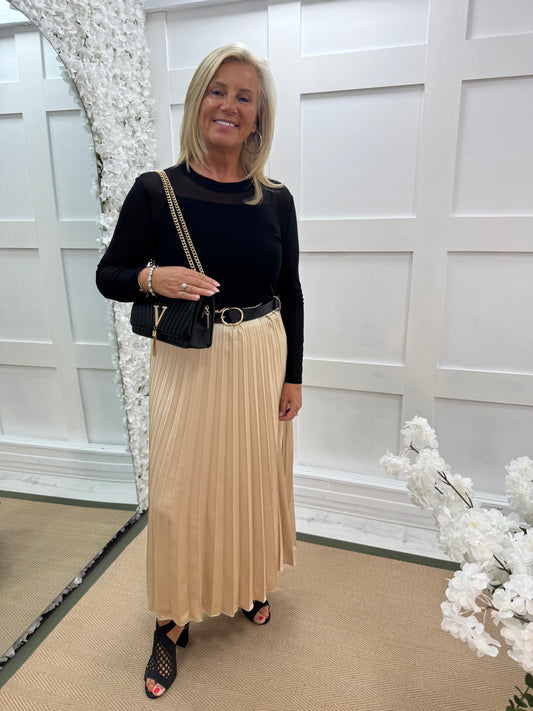 Mara: Champagne gold silky feel pleated maxi skirt. One size: 10-14