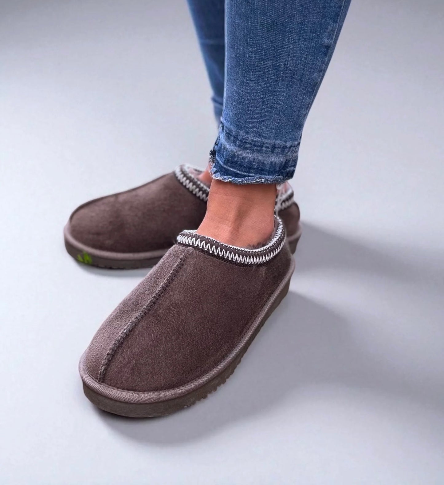 Tara: Mocha embroidered mule slippers. Sizes: 3-8