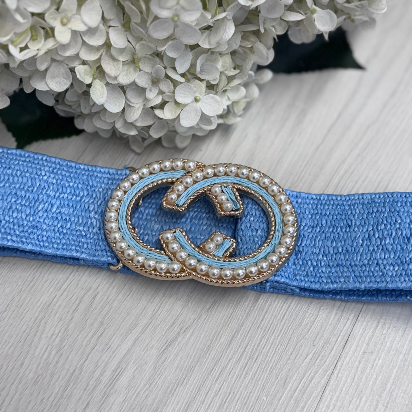 Louisa: Blue pearl round buckle wide belt. One size: 8-18