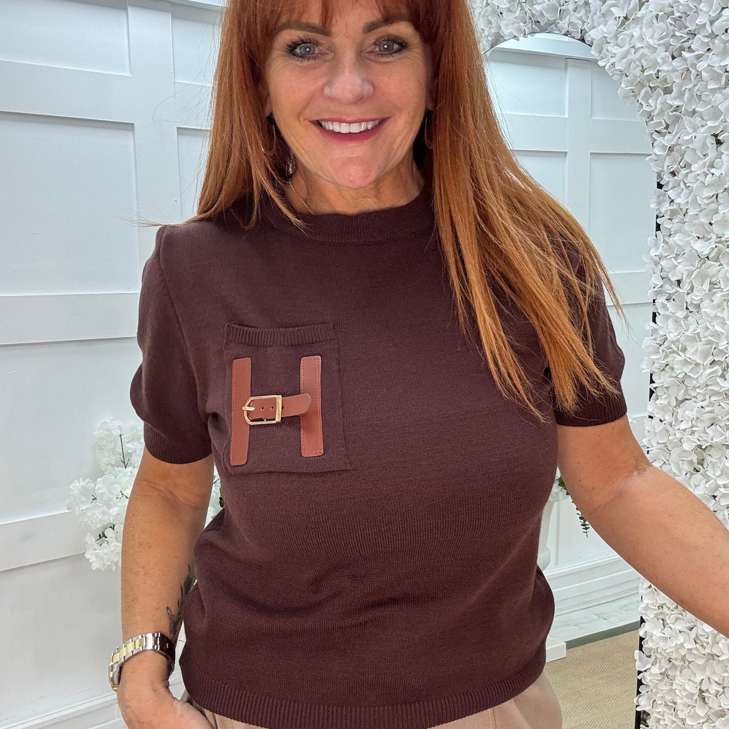 Harley: Brown H logo knit top. One size: 10-16