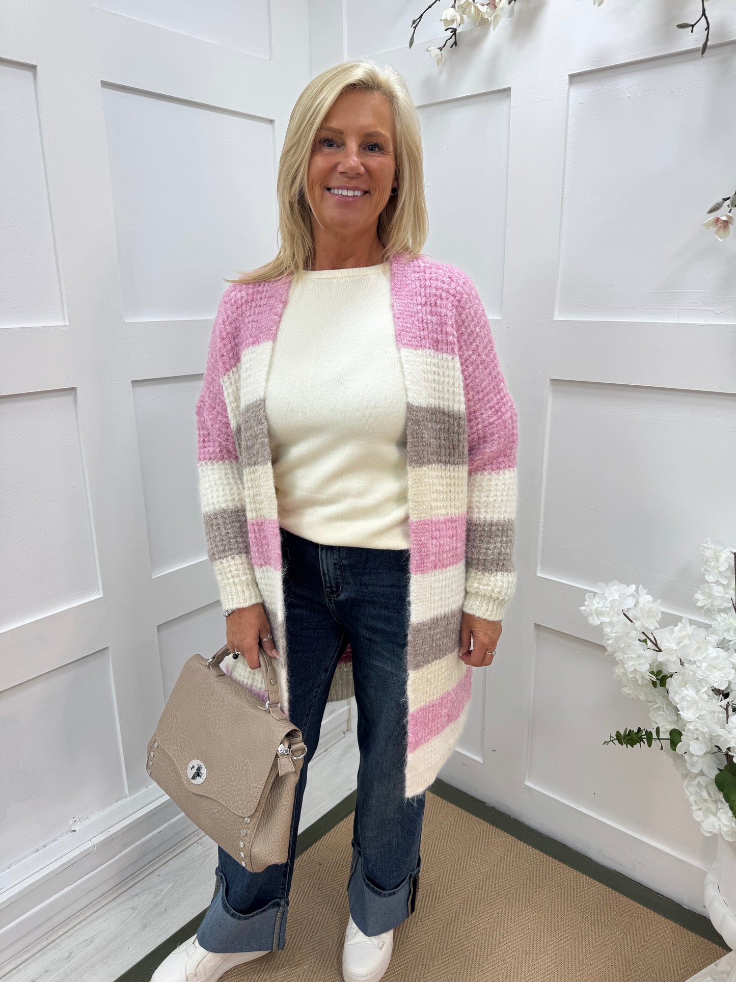 Marta: Pink, mocha and cream stripe soft knit cardigan. One size 10-18