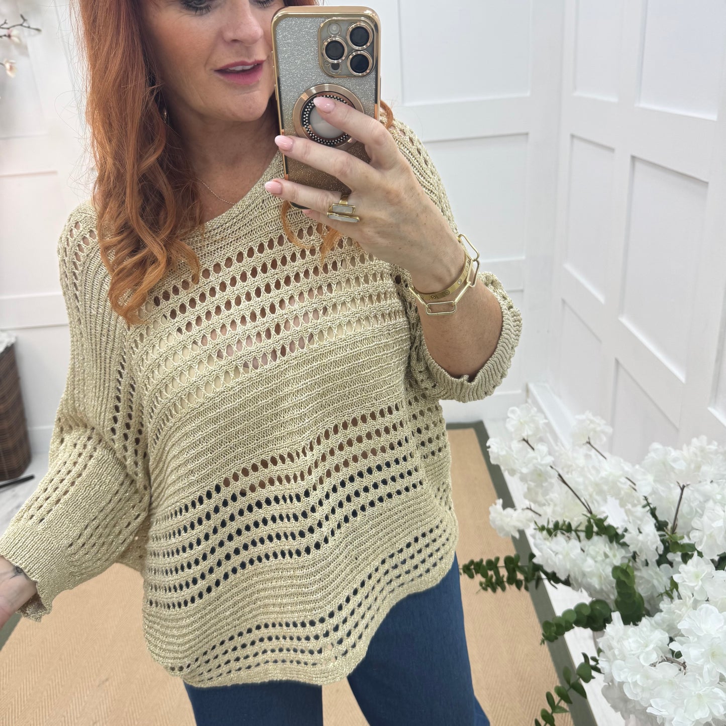 Kim: Gold stretchy lurex open knit top. One size: 10-18
