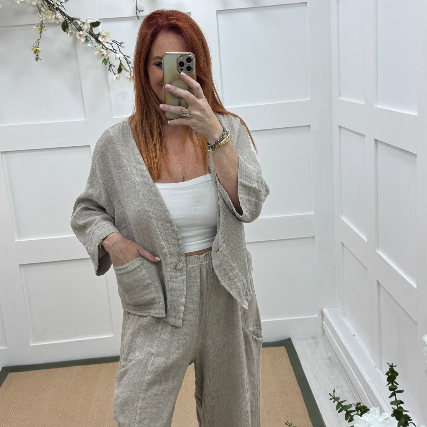 Kelsey: Stone jacket & trouser co-ord set. One size: 14-20/22