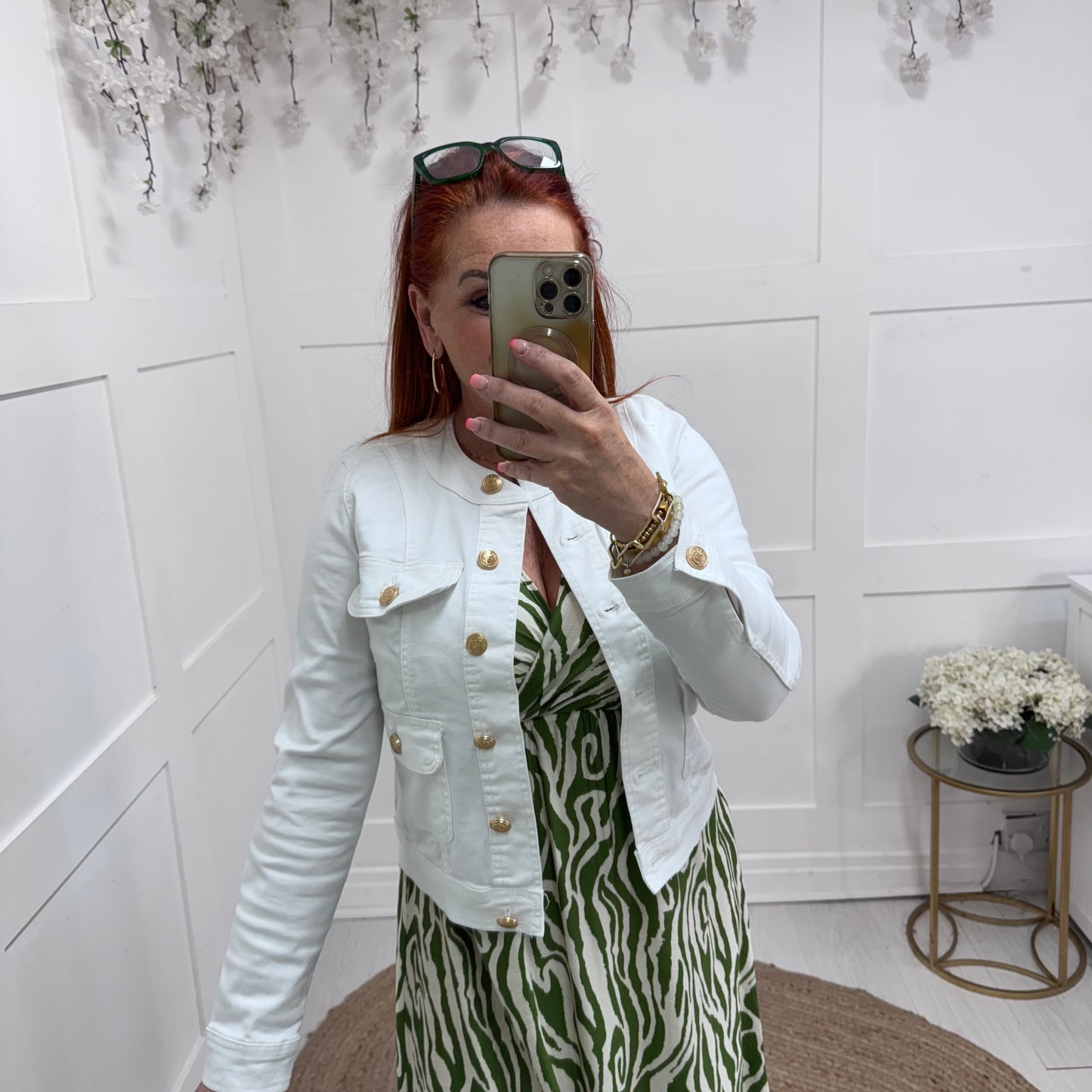 Margot: White military button denim jacket. Sizes: 10-20