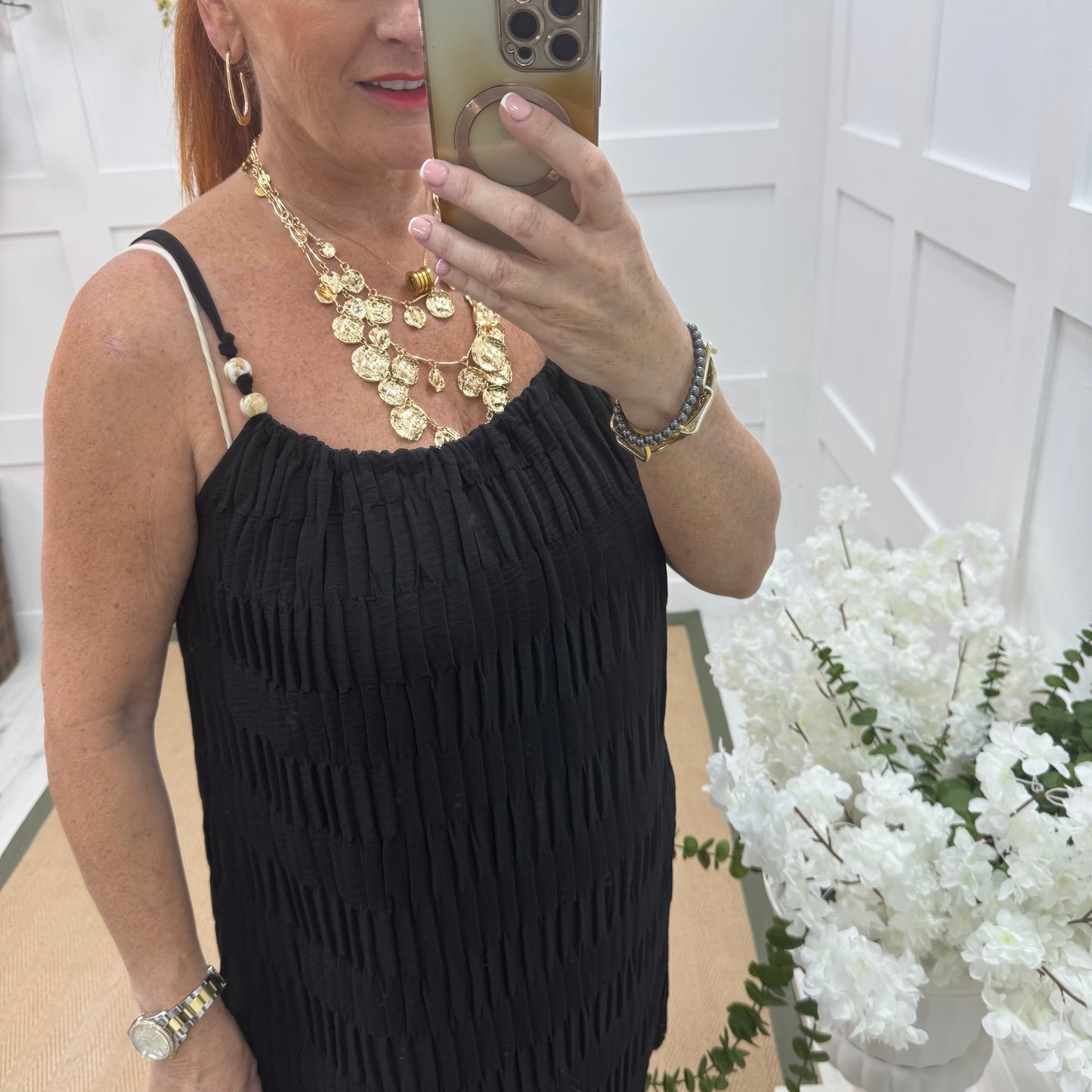 Thea: Black waffle beaded strappy dress. One size 14-20
