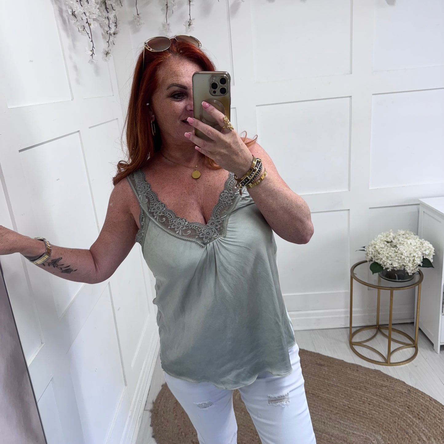 Sylvie: Khaki strappy silky lace vest top. One size 10-16