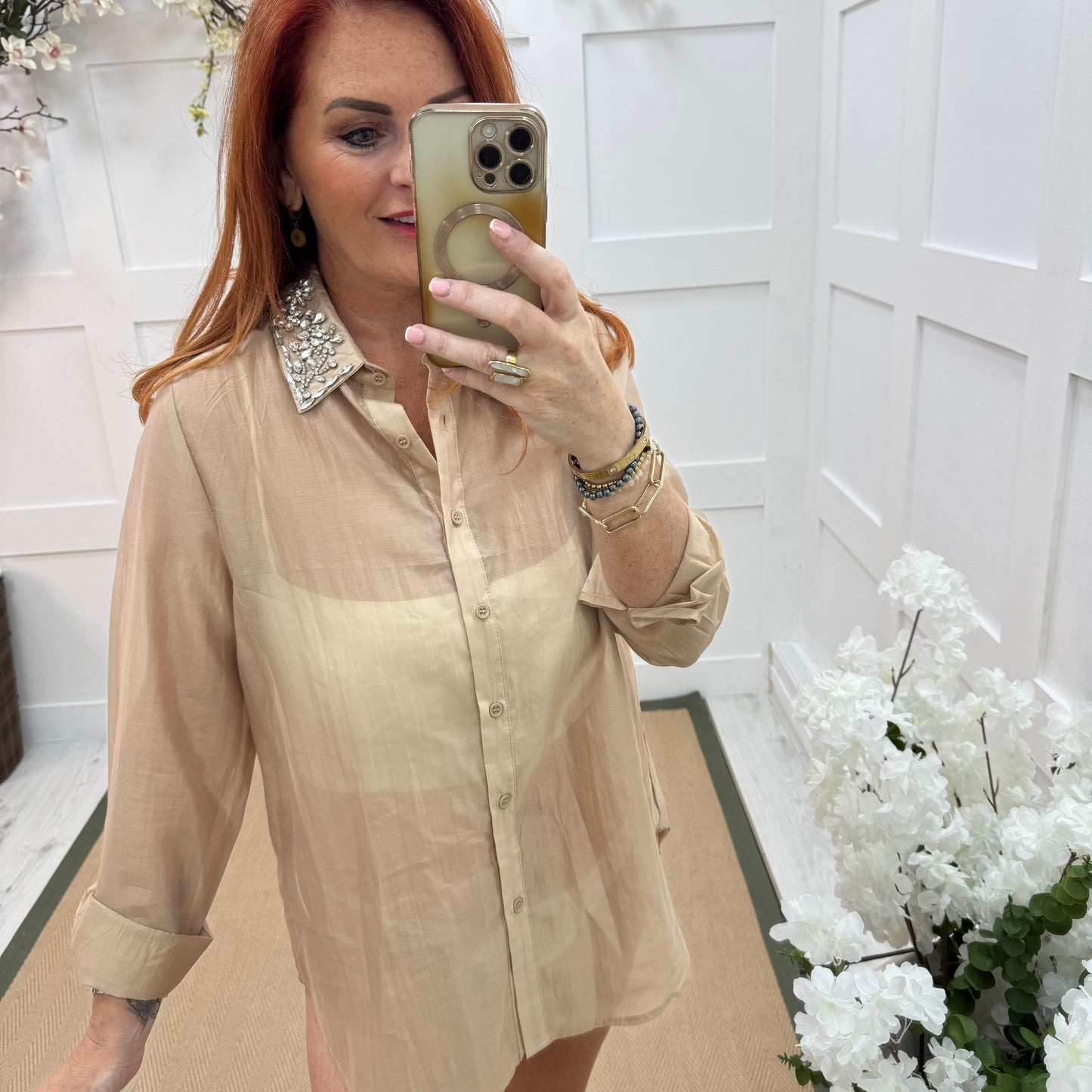 Azira: Gold rhinestone collar sheer shirt. One size: 10-16