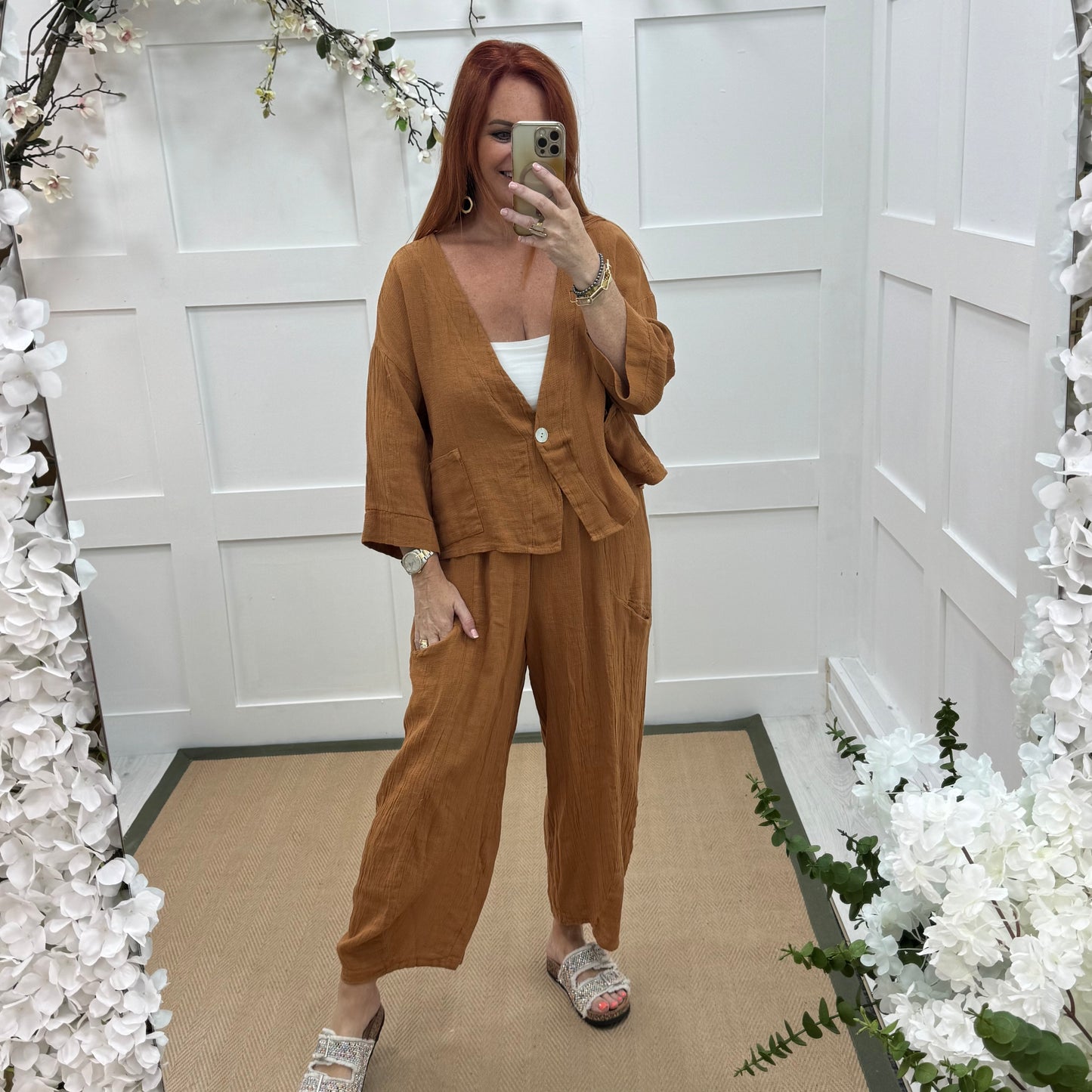 Kelsey: Paprika jacket & trouser co-ord set. One size: 14-20/22