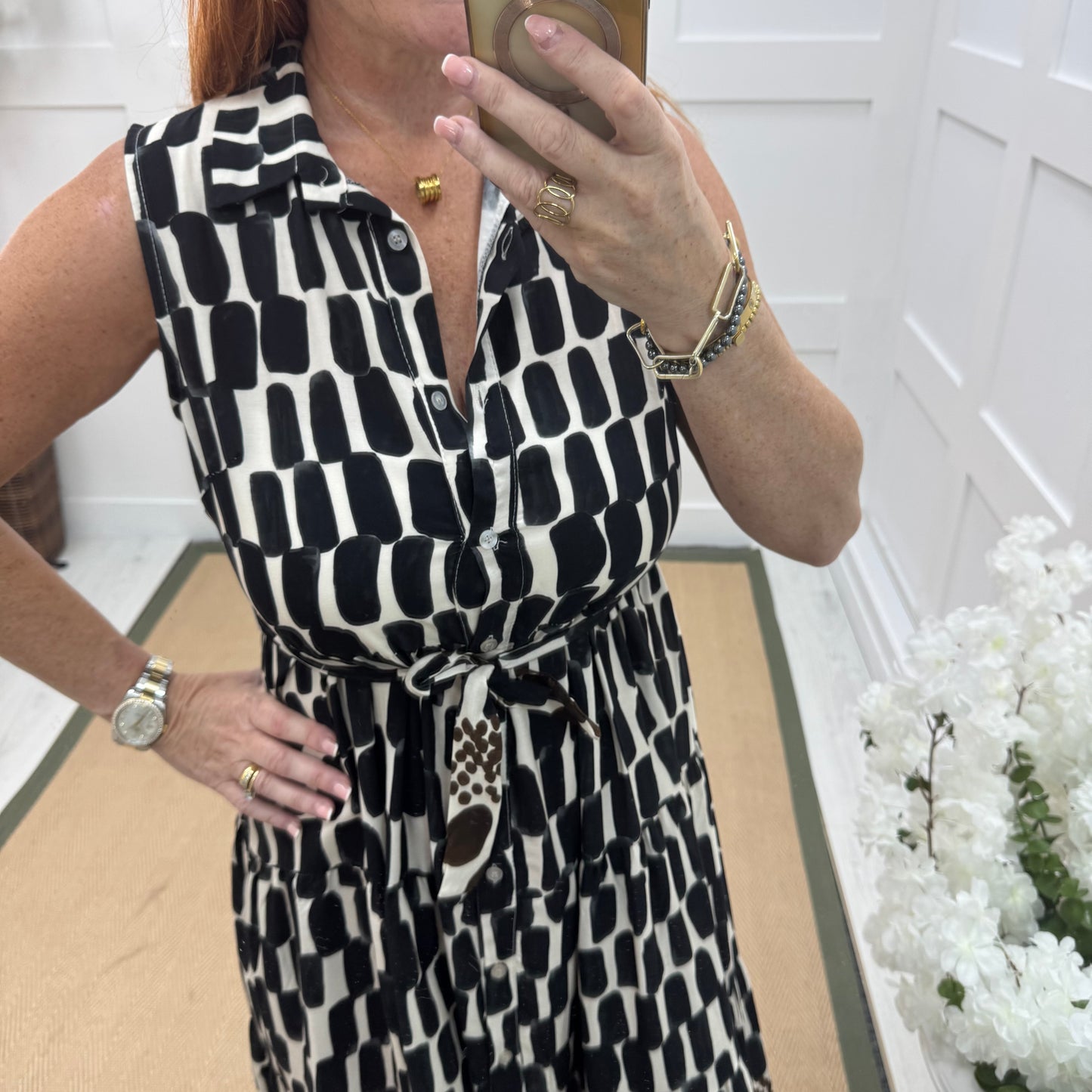 Jade: Black & cream belted midi dress. One size 10-14