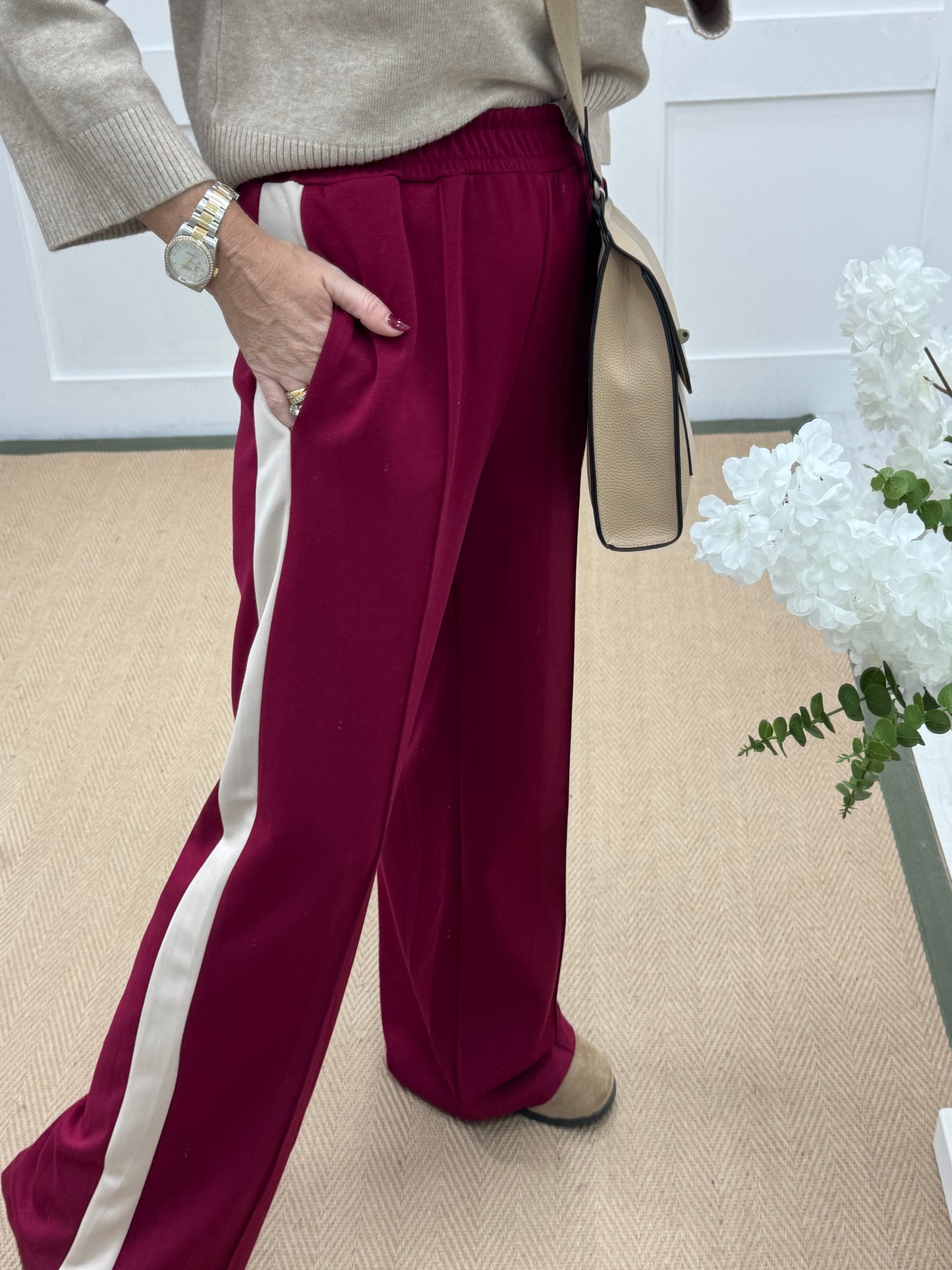 Savanna: Burgundy cream sport stripe stretchy wide leg pocket trousers. One size 10-16