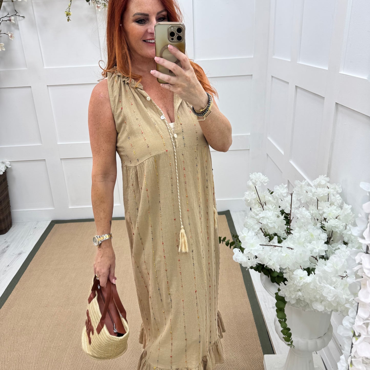 Delores: Sand embroidered cotton midi dress. One size: 10-16