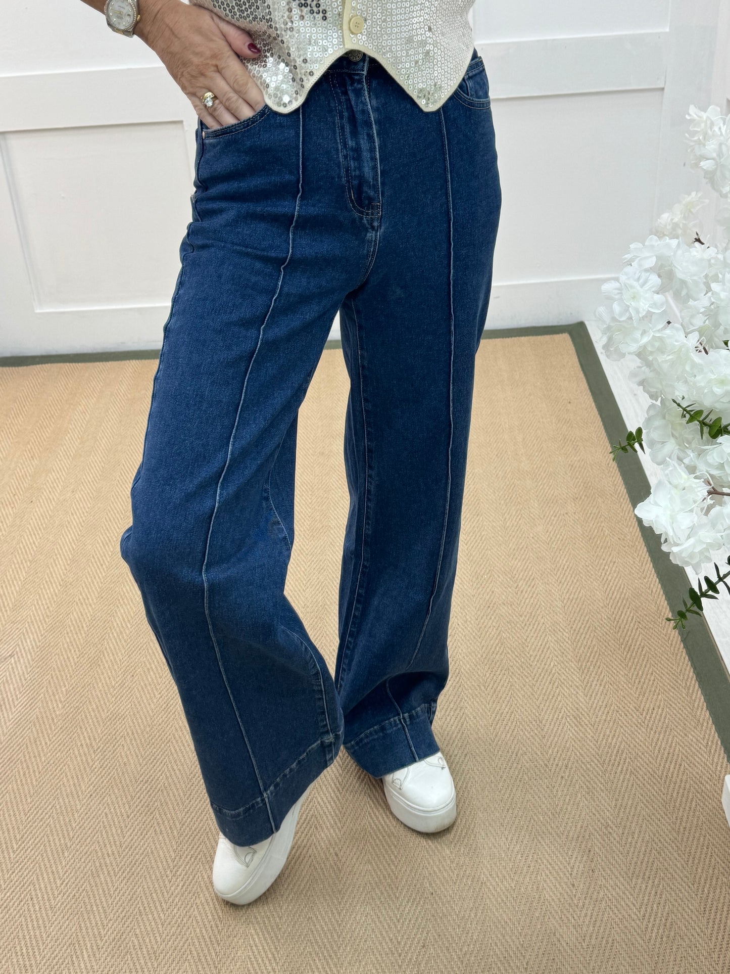 Benita: Blue high waist wide leg jeans. Sizes: 6-14