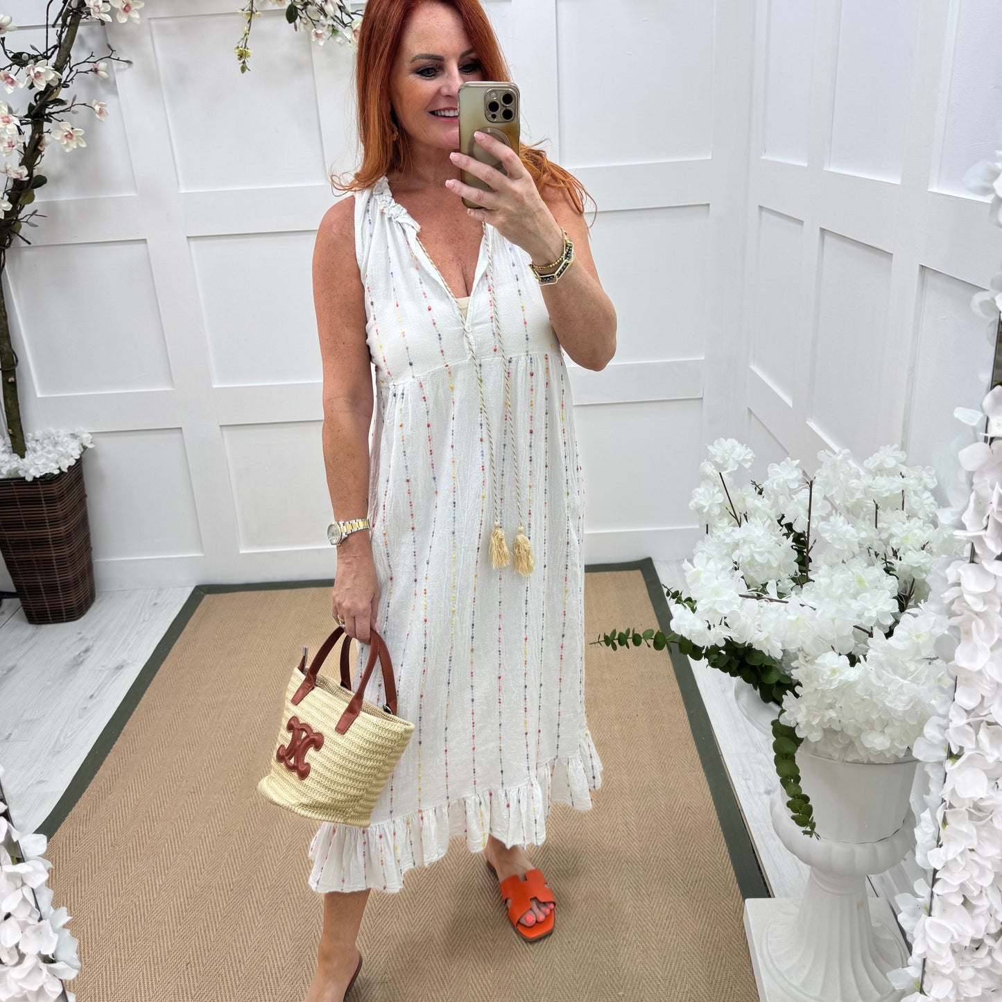 Delores: White embroidered cotton midi dress. One size: 10-16