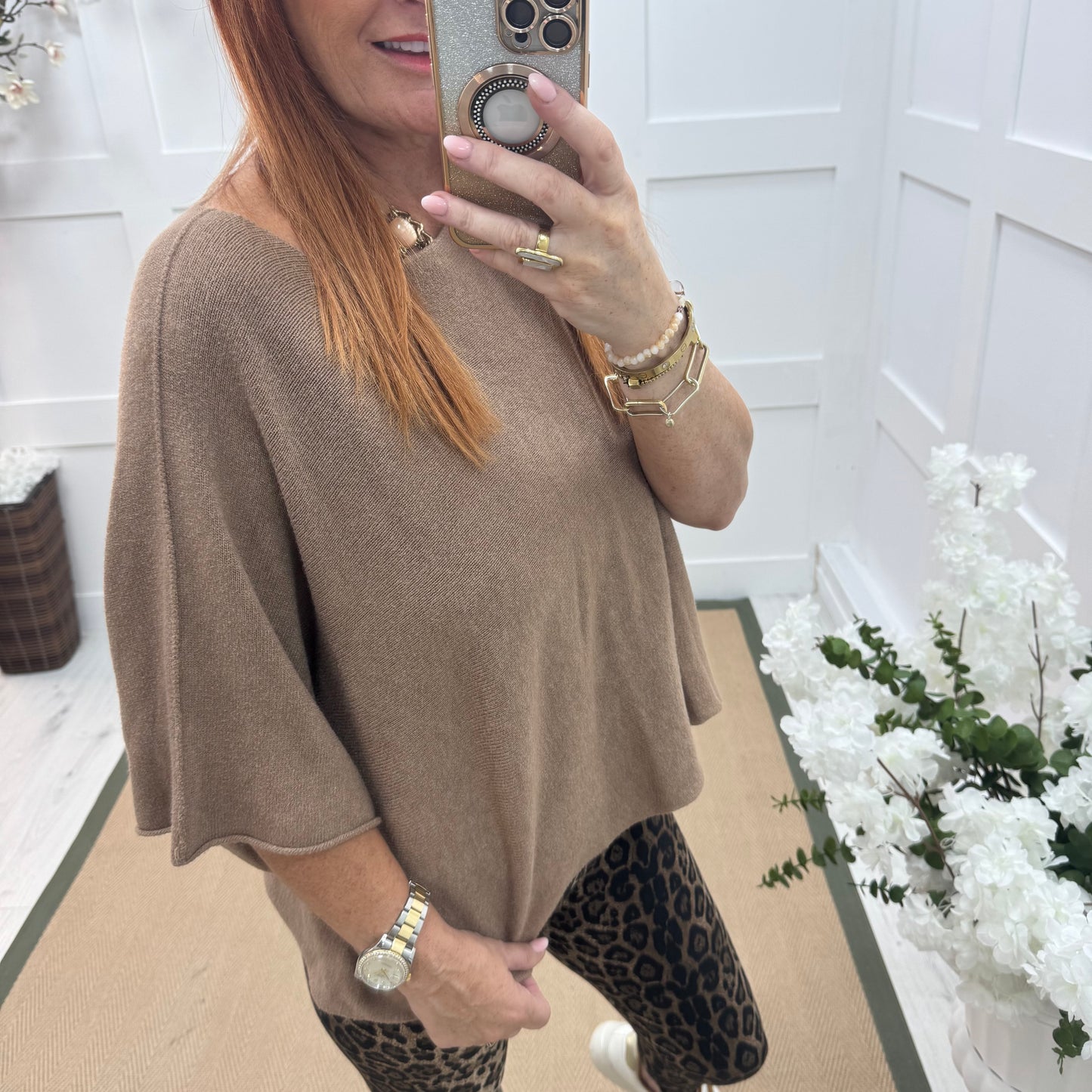 Carys: Sand short knitted top. One size: 12-18