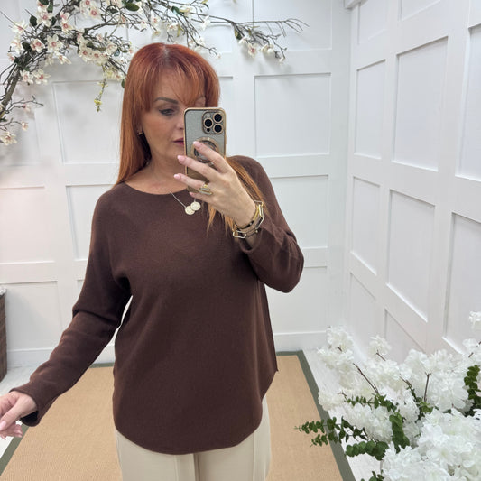 Mindy: Brown plain long sleeve knit top. One size: 10-16/18