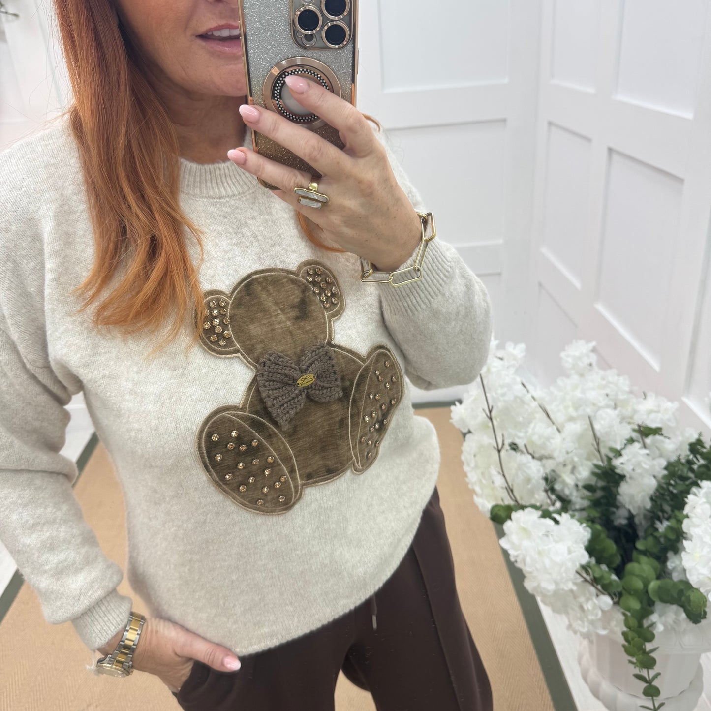 Trinity: Beige big teddy bear knitted top. One size: 12-18