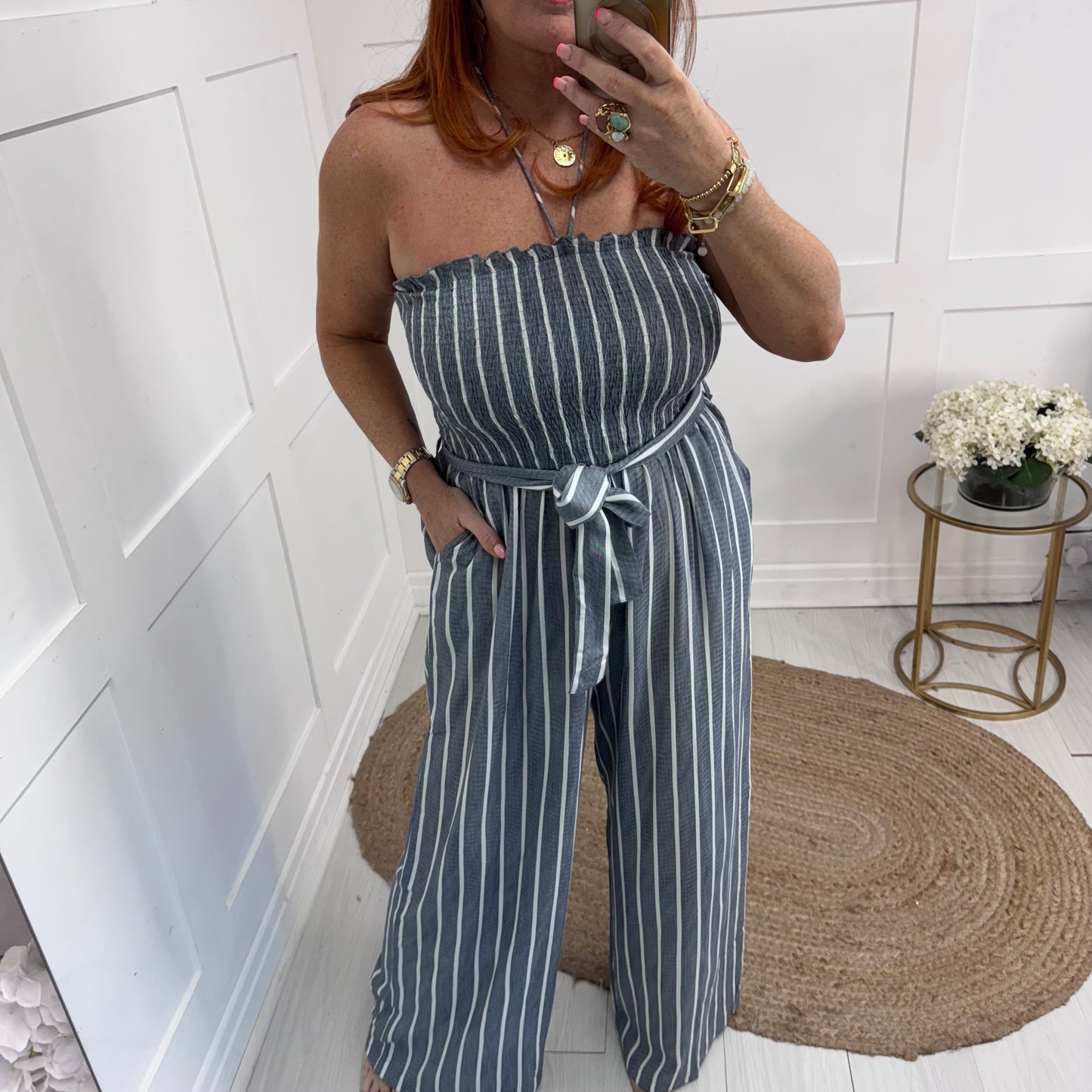 Kendal: Blue pinstripe wide leg jumpsuit. 3 sizes: 10-20