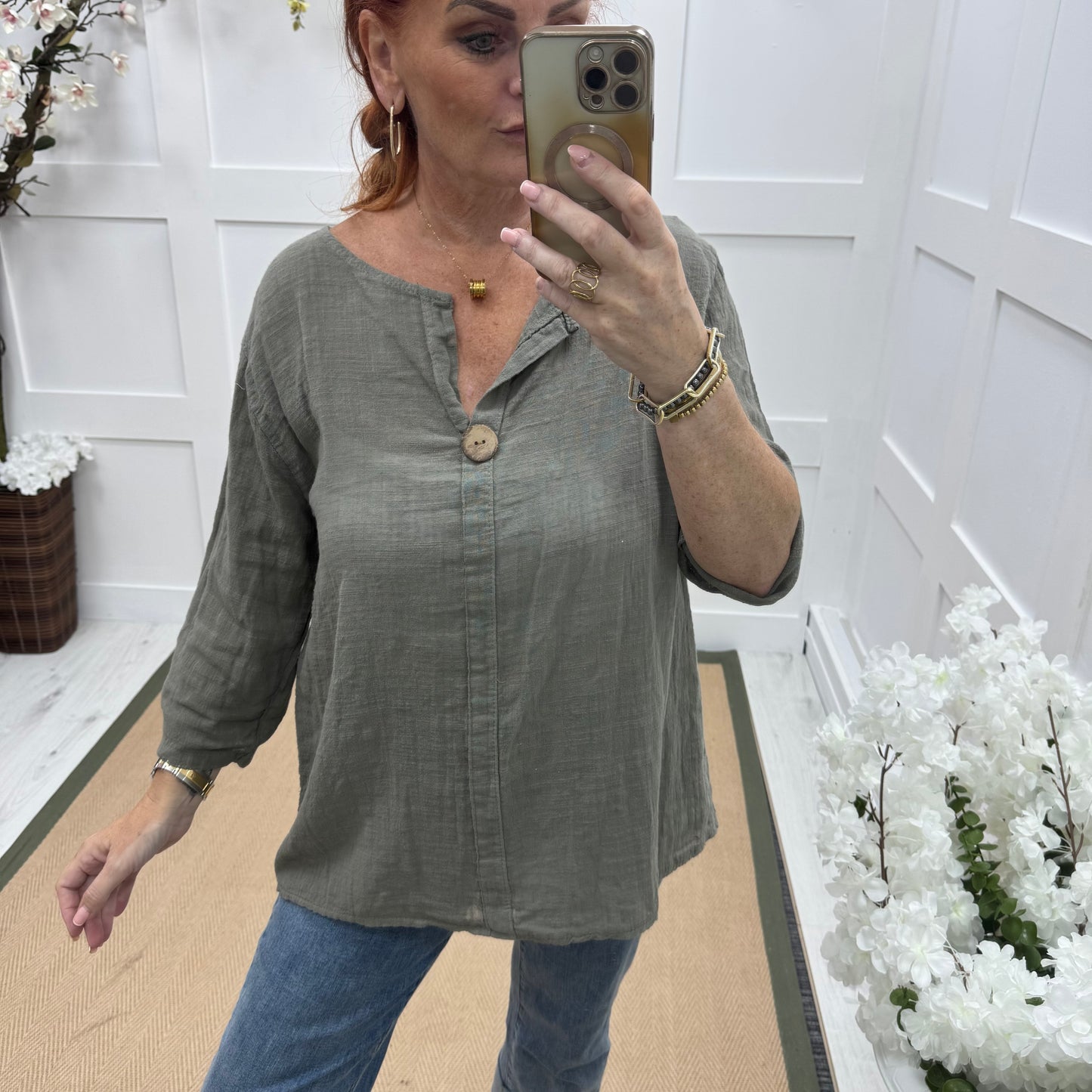 Vivienne: Mocha cotton V neck top. One size: 10-16
