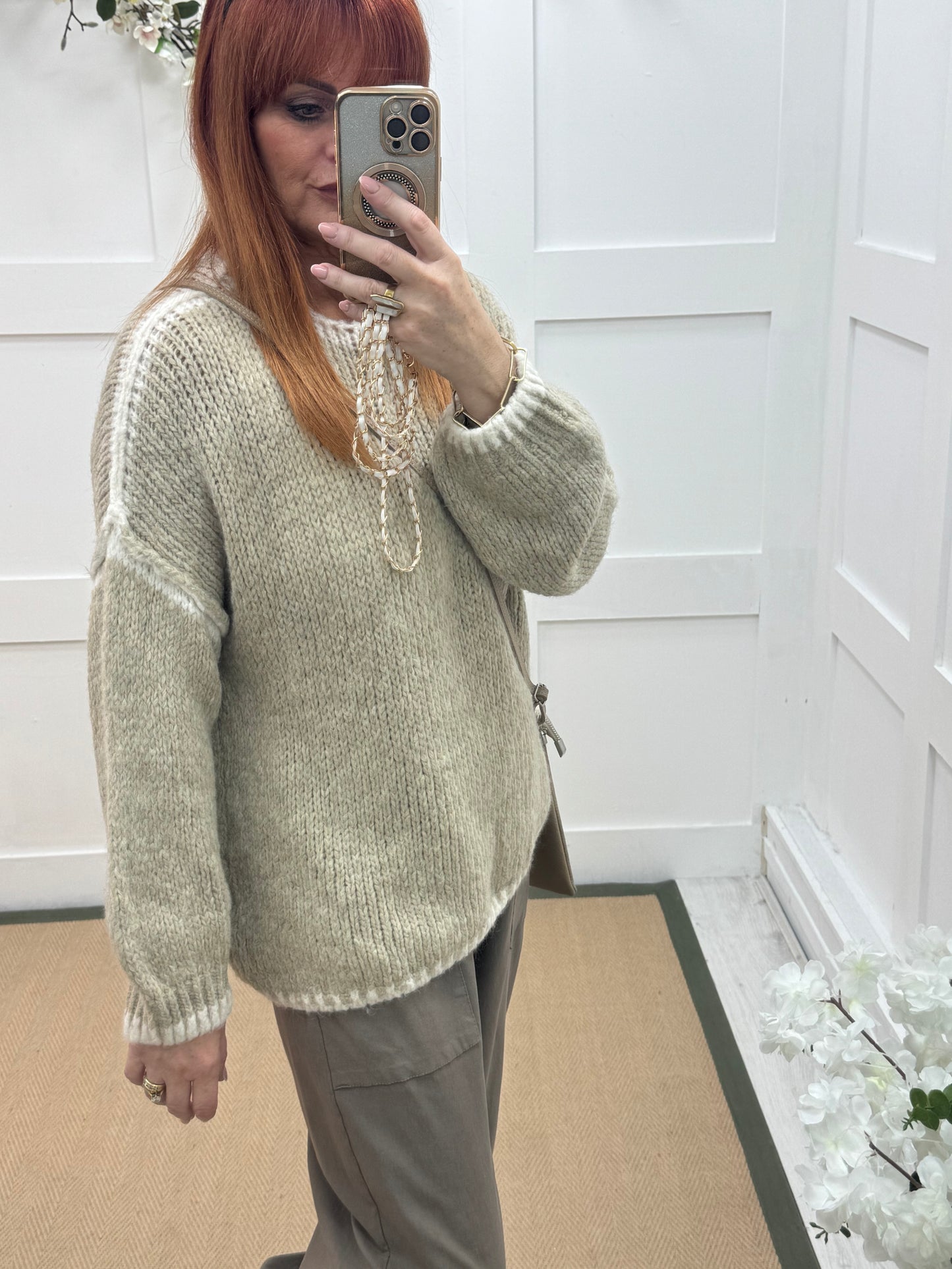 Odette: Beige slouchy knit knitted jumper. One size: 12-18