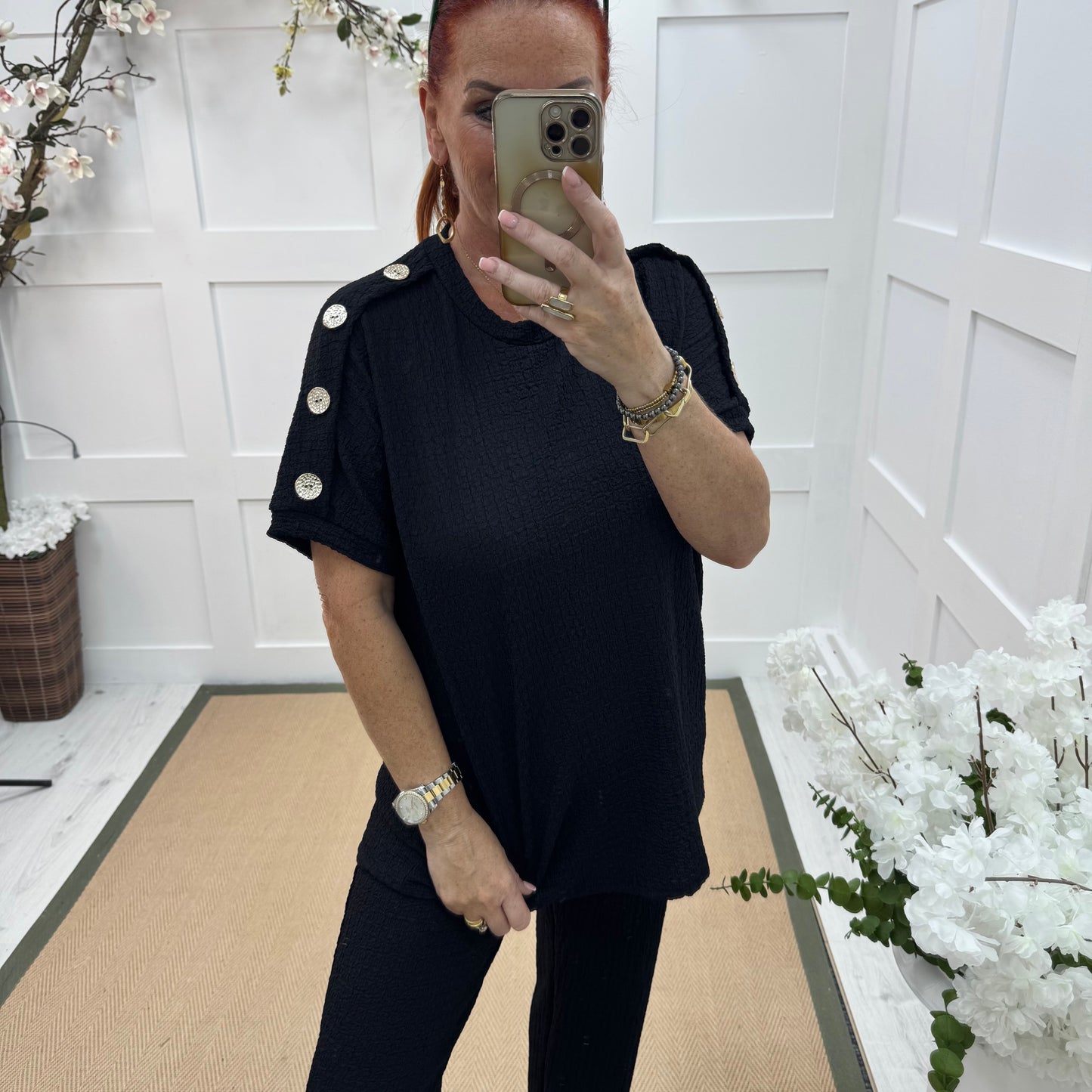 Tasha: Black & gold button loungewear set. 2 sizes