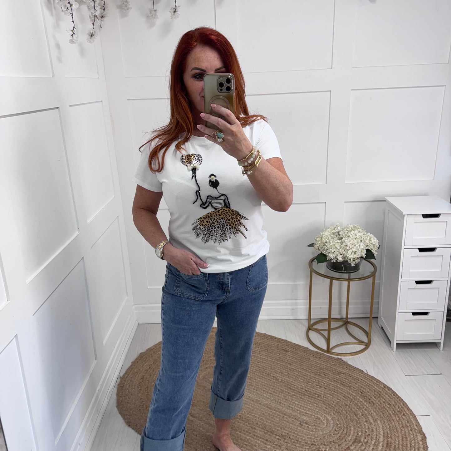 Jenn: White & leopard diamanté’ ballerina T shirt. 2 sizes