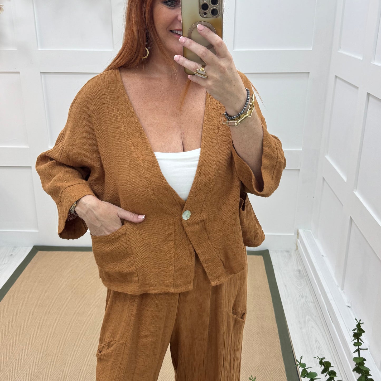 Kelsey: Paprika jacket & trouser co-ord set. One size: 14-20/22
