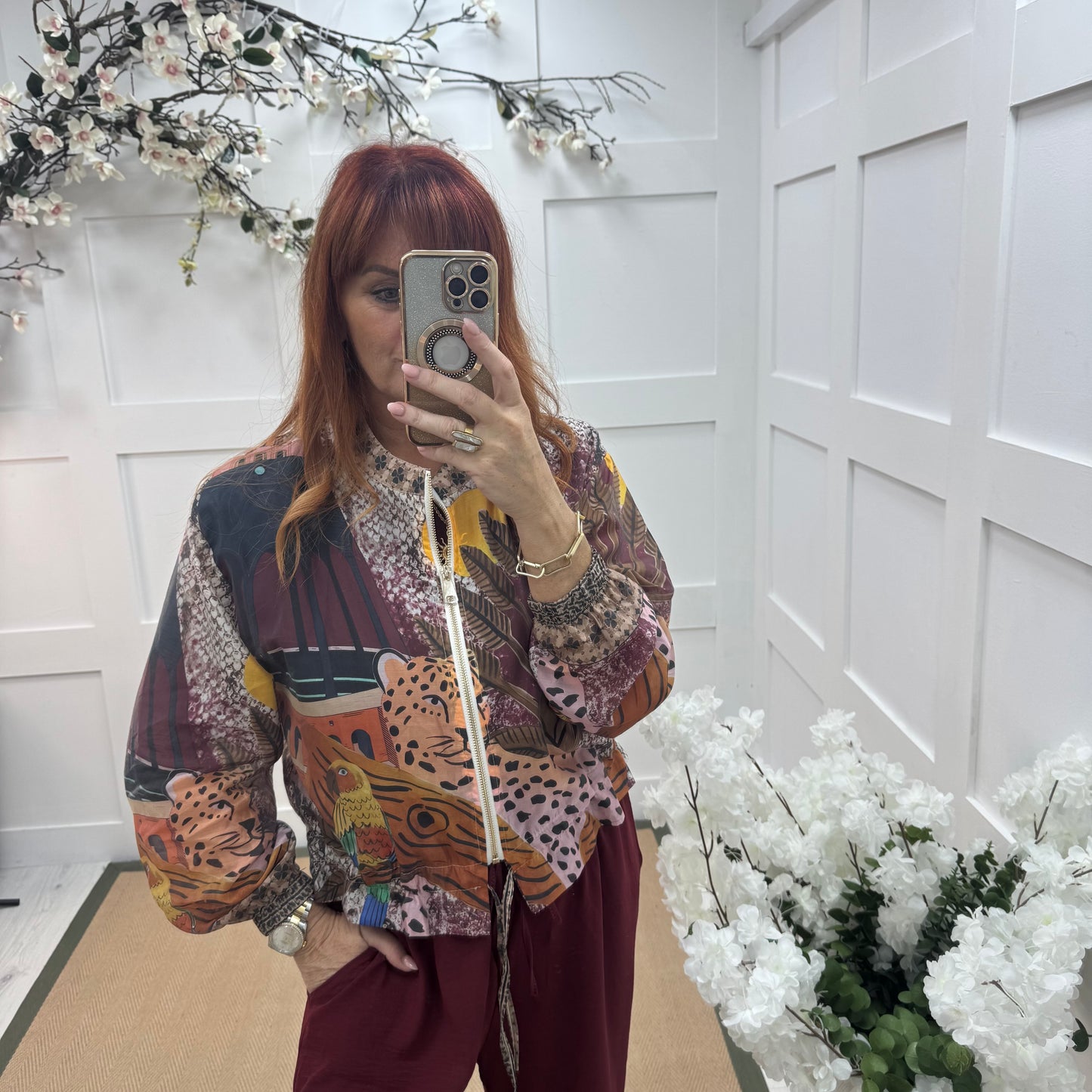 Amelia: Silky burgundy printed bomber jacket. One size: 8-16