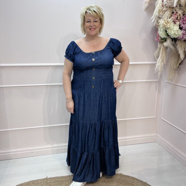 Rio: Denim bardot maxi dress. One Size 10-22