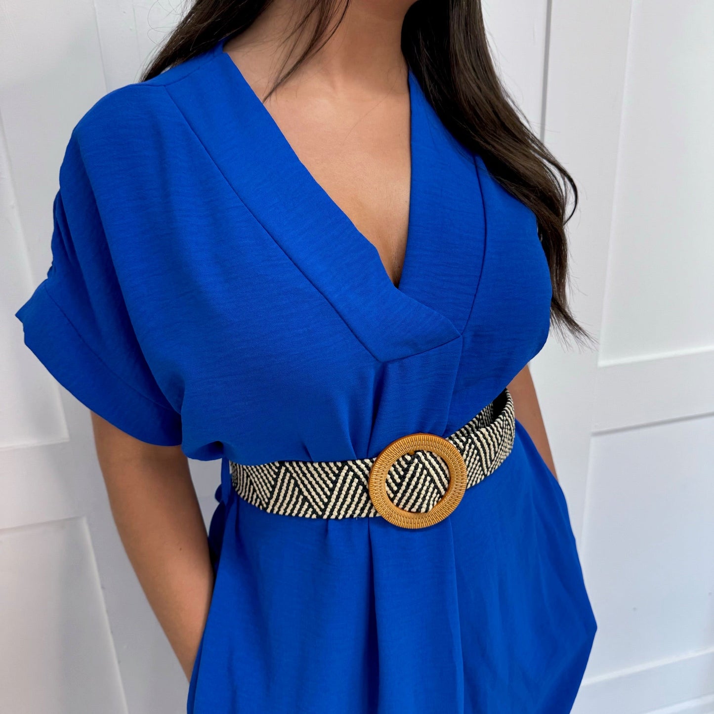 Azora: Cobalt blue V neck belted midi dress. One size 10-18