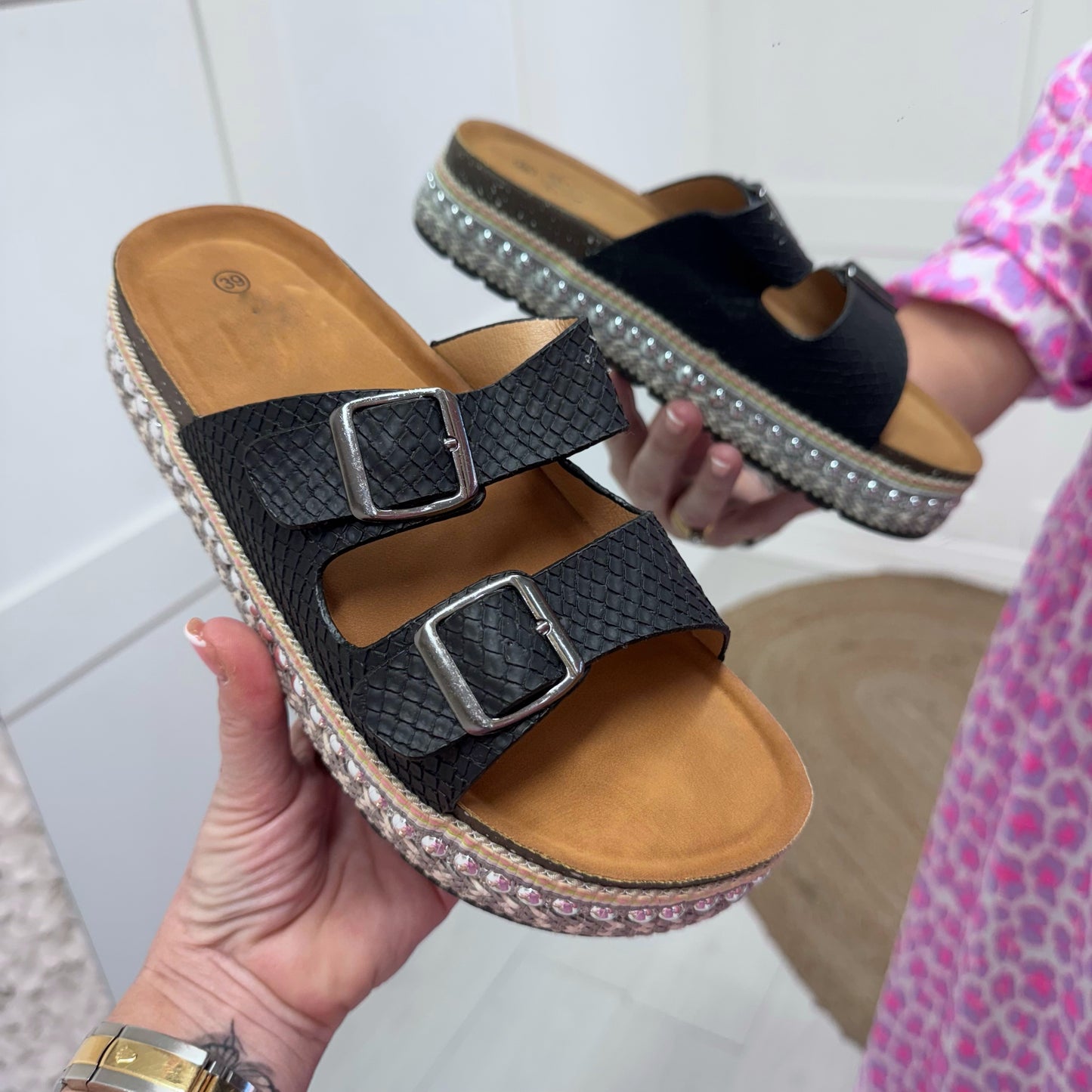 Nadia: Black 2 strap wedge sliders. Sizes: 3-8