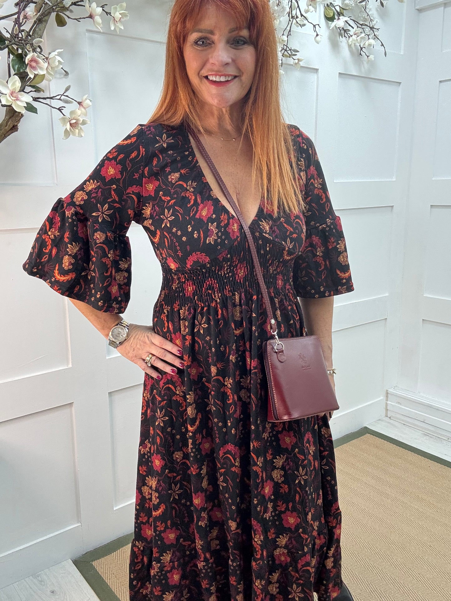 Katia: Black & burgundy floral midi dress. 3 sizes