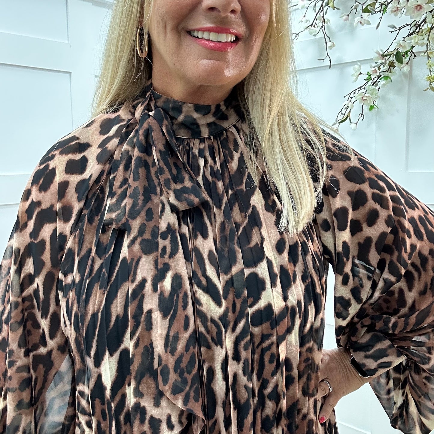 Leona: Oversized pleated leopard print blouse. One size: 14-20