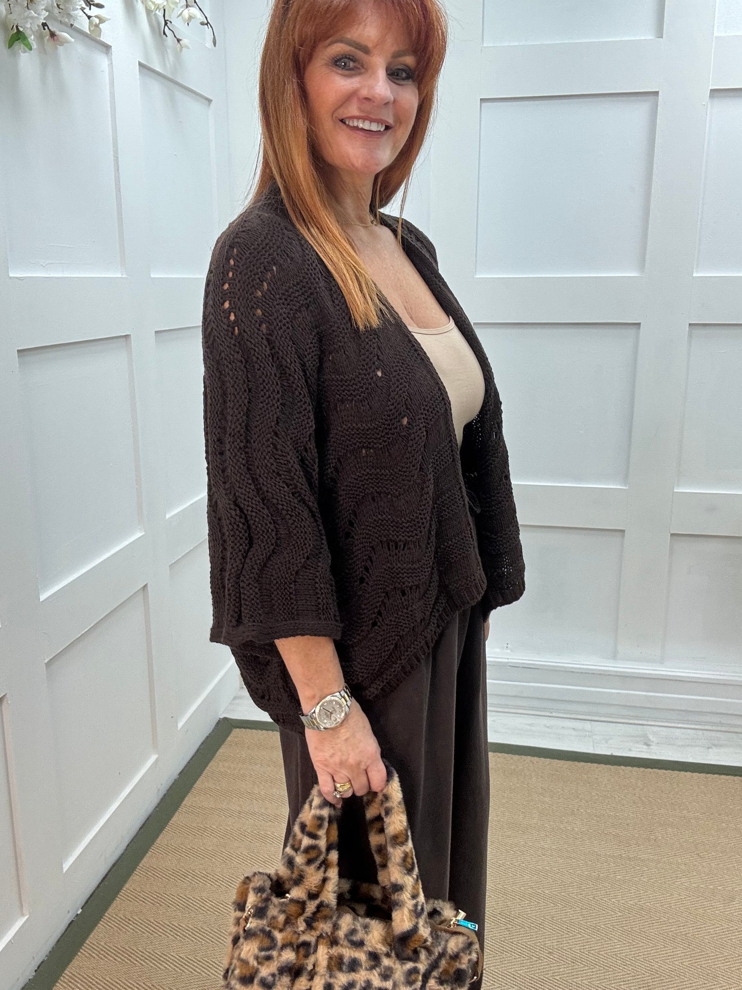 Vicky: Brown knitted batwing cardigan. One size: 10-20
