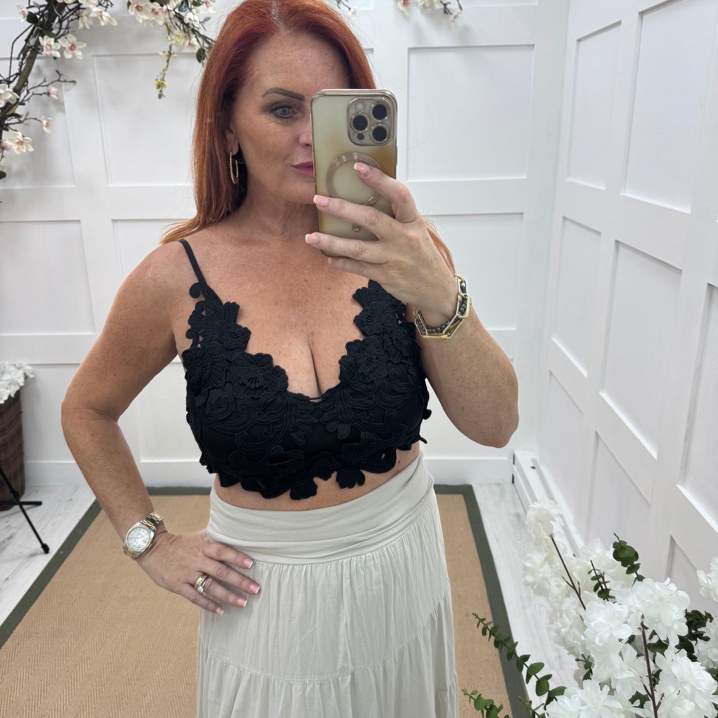 Lacey: Black applique crop bralette. One size 8-14