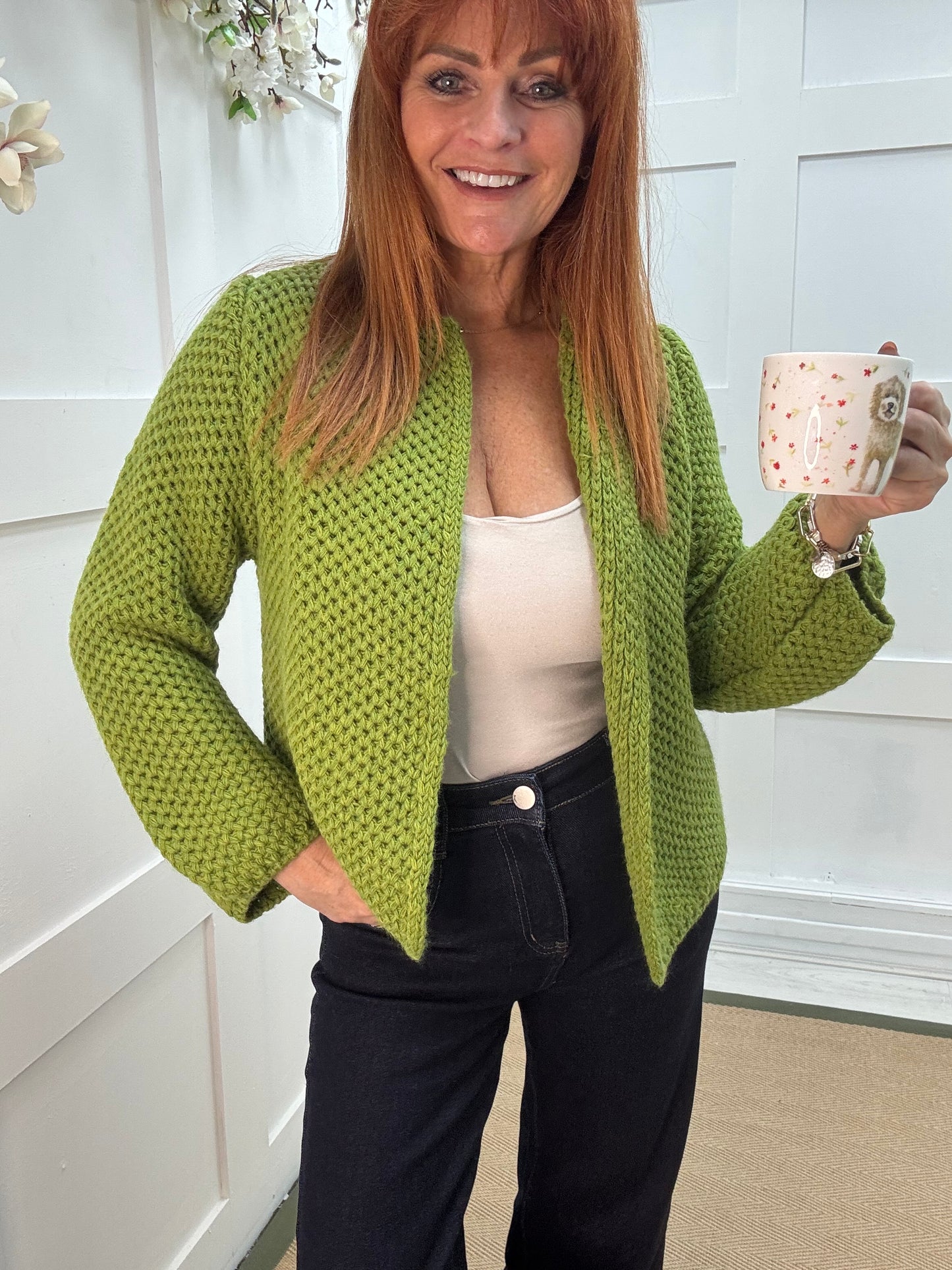 Skye: Lime knitted boxcut cardigan. One size: 10-18