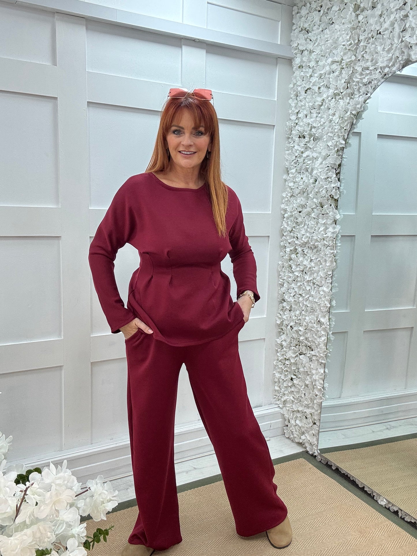 Pandora: Burgundy 2 piece peplum loungewear set. One size: 10-14