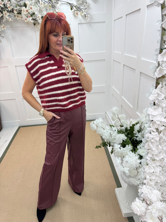 Tabatha: Burgundy faux leather trousers. One size: 12-16
